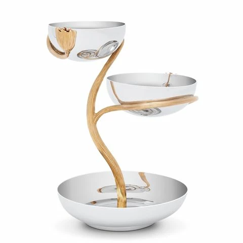 L'Objet - Deco Leaves S.Steel/Gold Plate 3 Tier Server Small 3 L'Objet - Deco Leaves S.Steel/Gold Plate 3 Tier Server Small